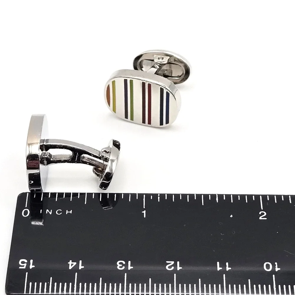 Mens Silver Tone Multi Color‎ Enamel Striped Oval Whale Back Modern Cufflinks